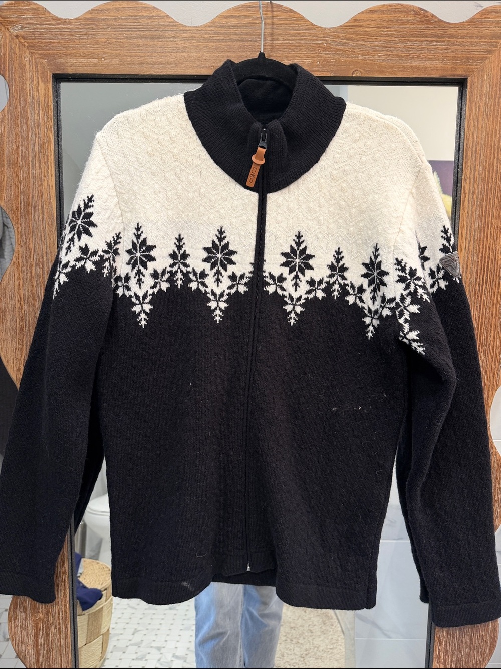 Black & White Zip-Front Nordic Snowflake Sweater